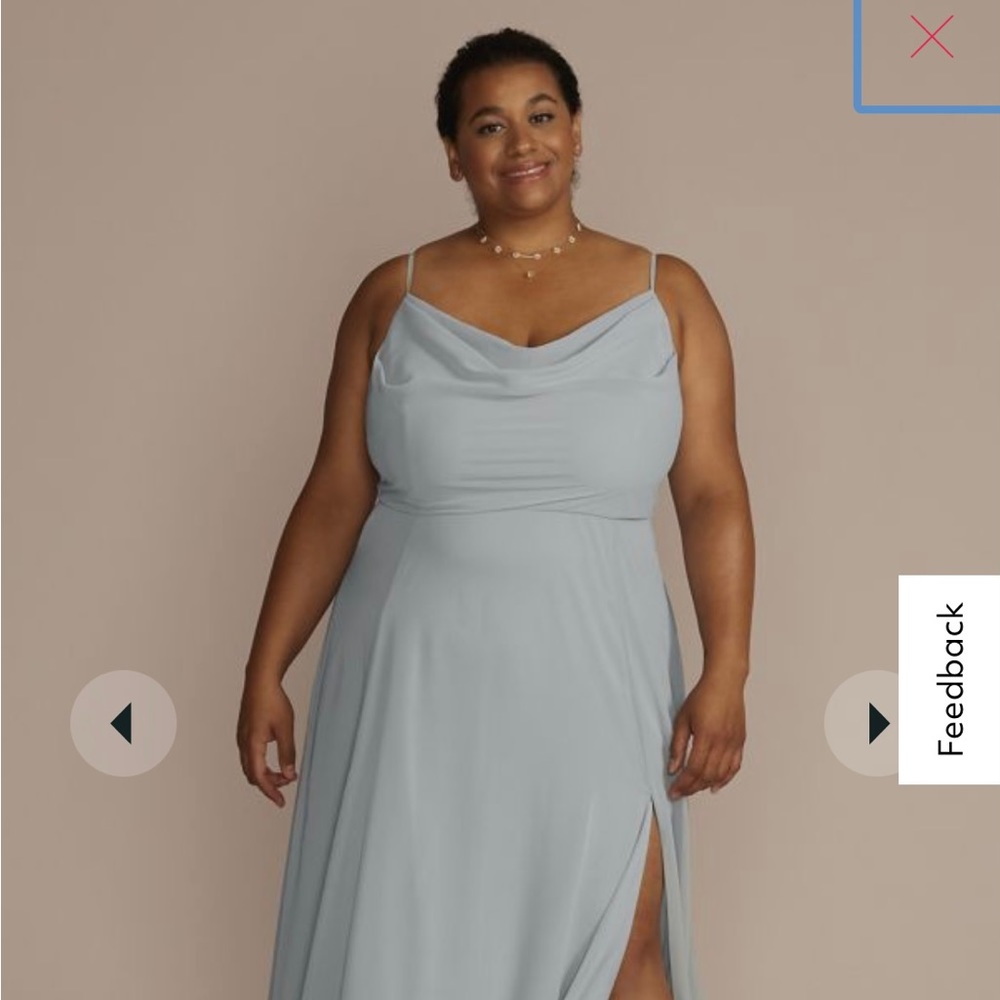 David’s Bridal Cowl Neck Chiffon Bridesmaid Dress with Slit in Dusty Blue